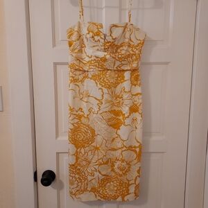 Donna Ricco Strapless Yellow and Cream Midi Dress Size 4